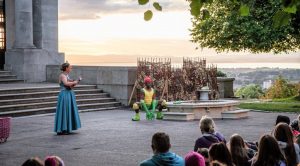 A scene featuring Helen Longworth and Derek Elroy from The Dukes production of Grimm Tales in Lancaster's Williamson Park