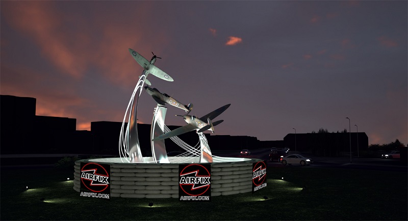 A visual of the forthcoming Spitfire tribute. It has three Spitfires at different heights, seemingly circling eachother, on a circular platform. The platform features logos of the sponsor, Airfix .