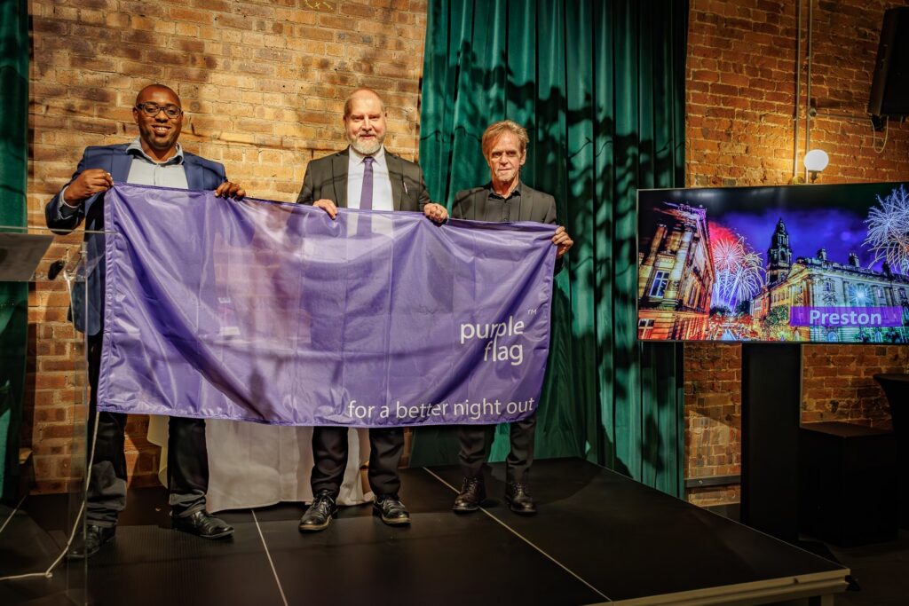 L-R Ojay McDonald CEO of Association of Town and City Management (ATCM), Mike Pixton Preston City Centre Business Improvement District (Preston BID), Peter Alexander Chair of Preston At Night